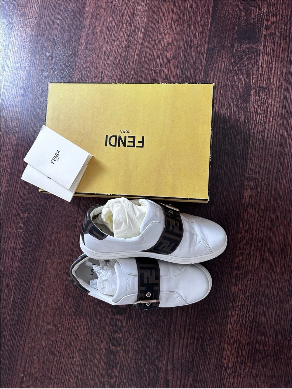 Fendi White Leather Sneakers with Brown FF Logo Strap